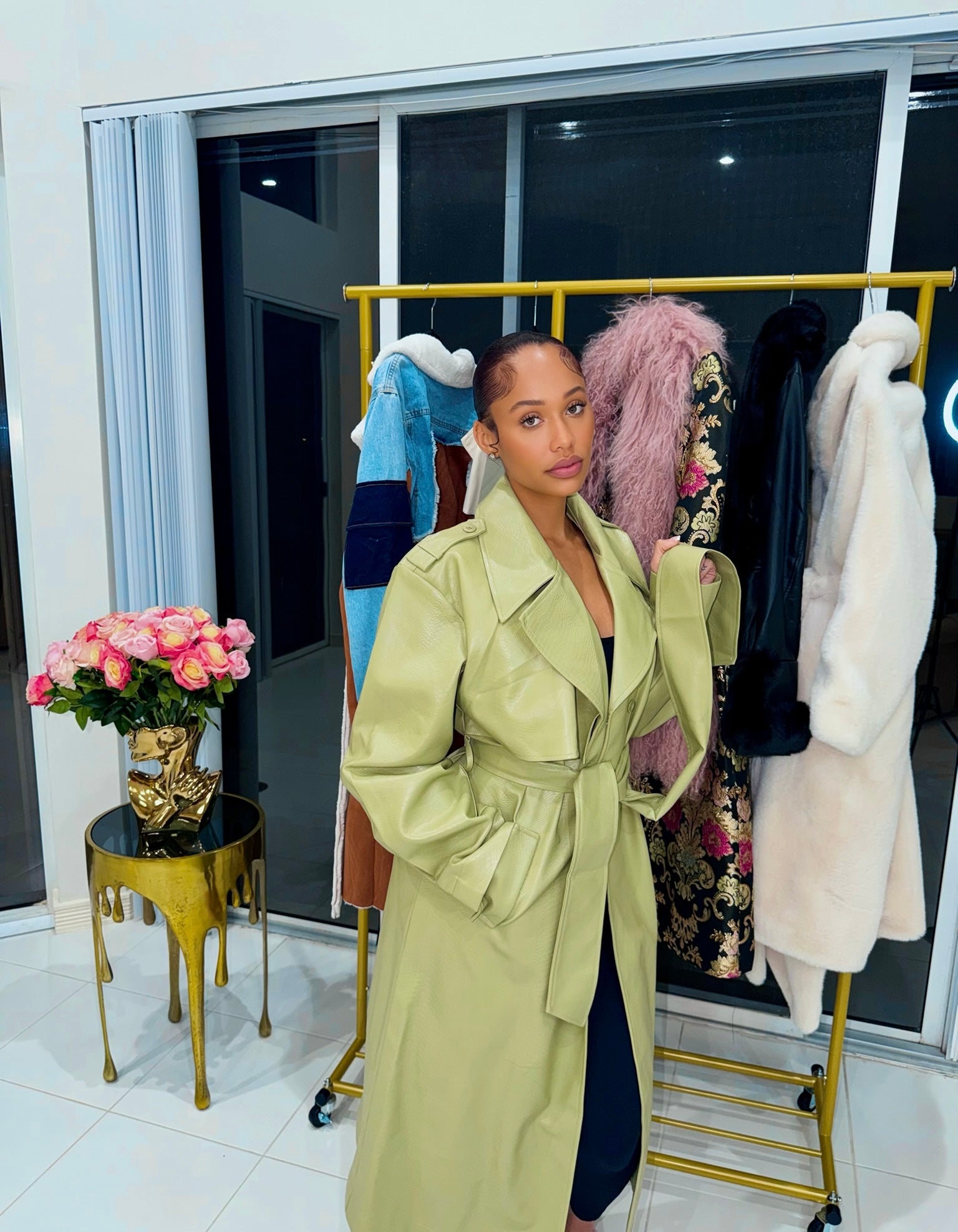 Sage Luxe Leather Trench