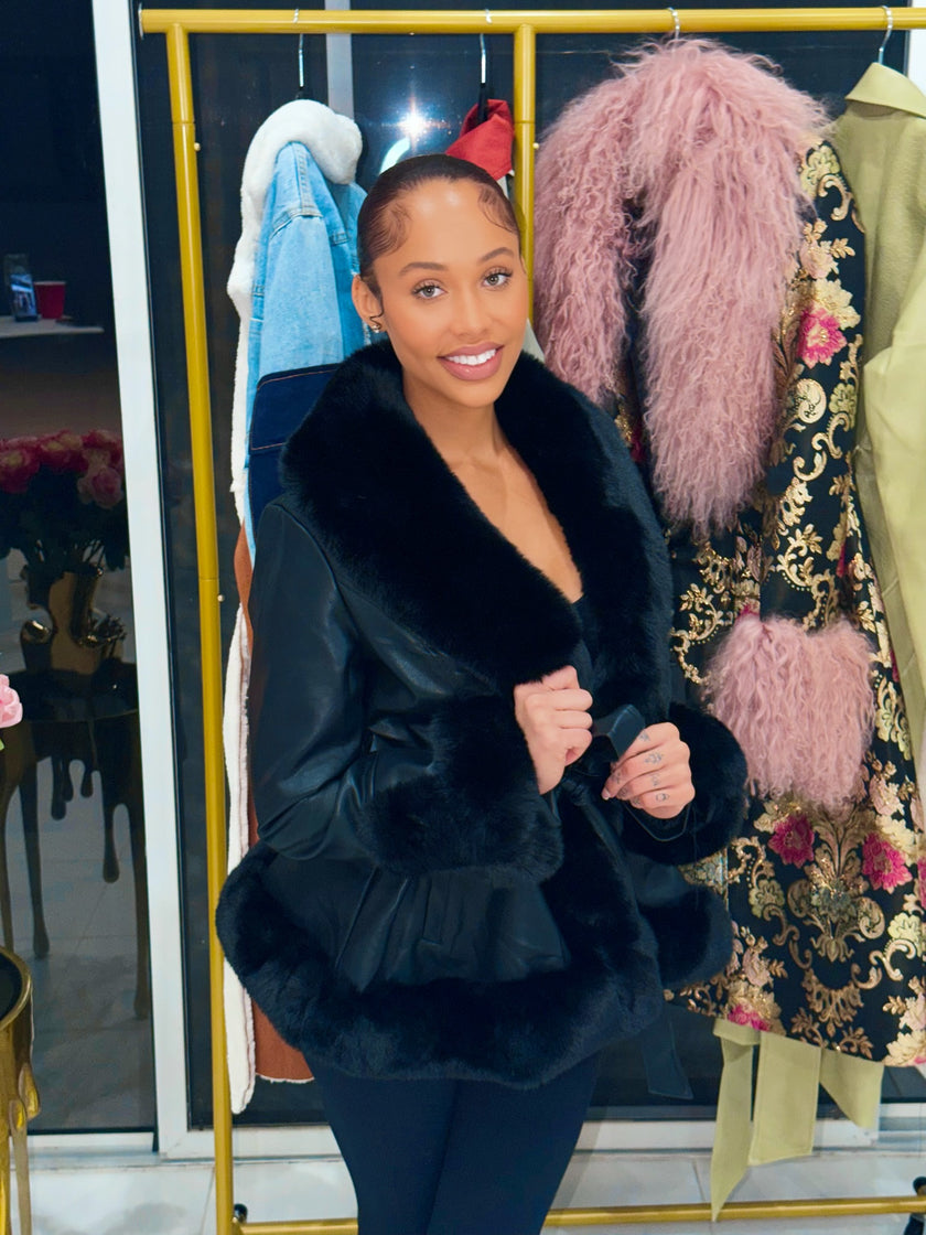 Noir Luxe Fur Belted Coat