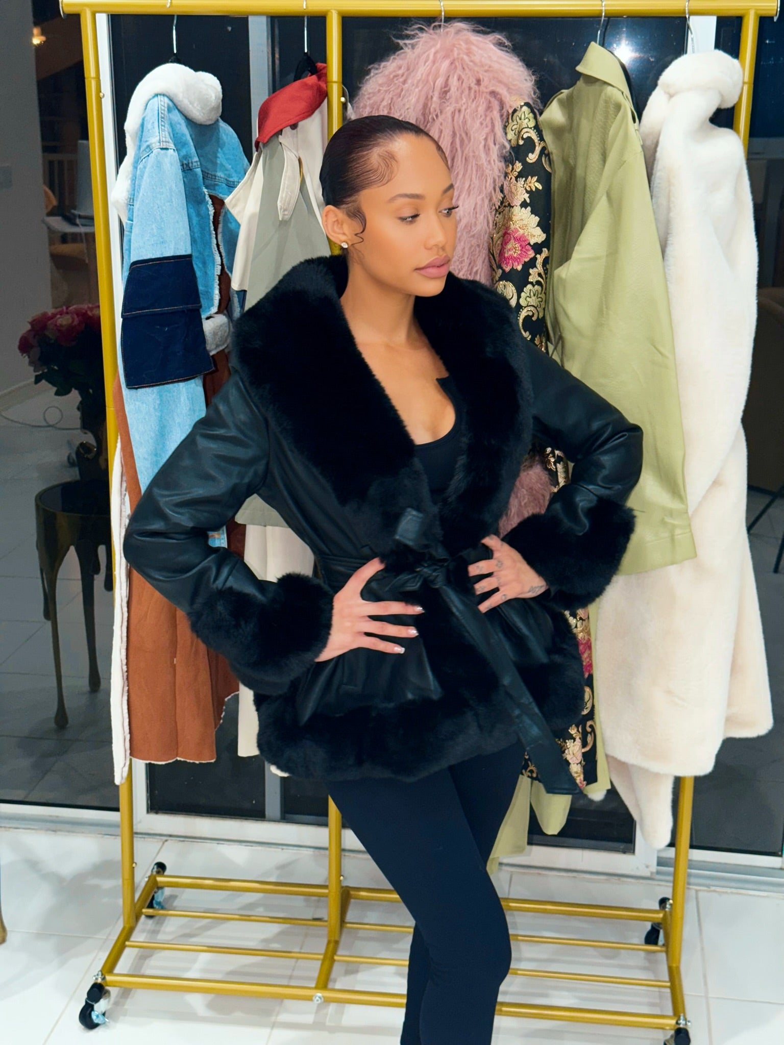 Noir Luxe Fur Belted Coat
